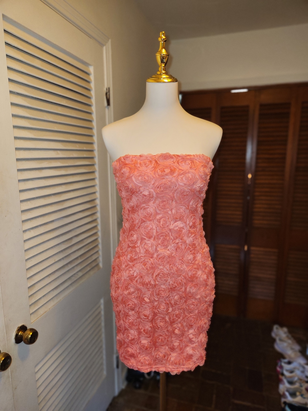 Strapless Coral Rosette Bodycon Dress